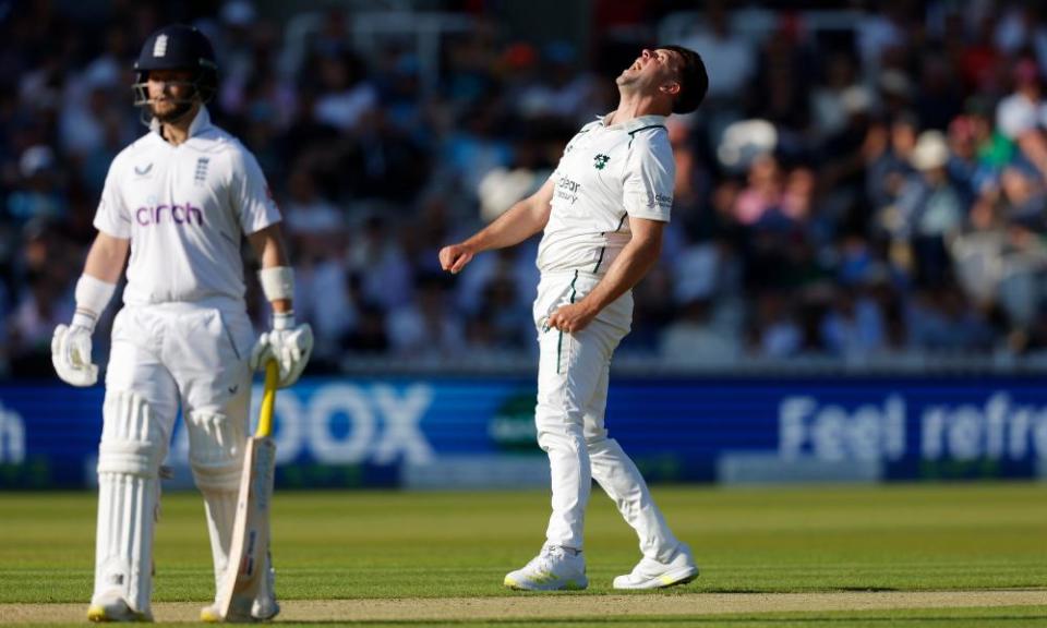 Fionn Hand celebrates taking the wicket of Zak Crawley