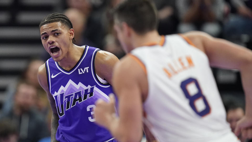 Utah Jazz guard Keyonte George (3) shoots to teammates during the second half of an NBA basketball in-season tournament game against the Phoenix Suns on Friday, Nov. 17, 2023, in Salt Lake City. (AP Photo/Rick Bowmer)