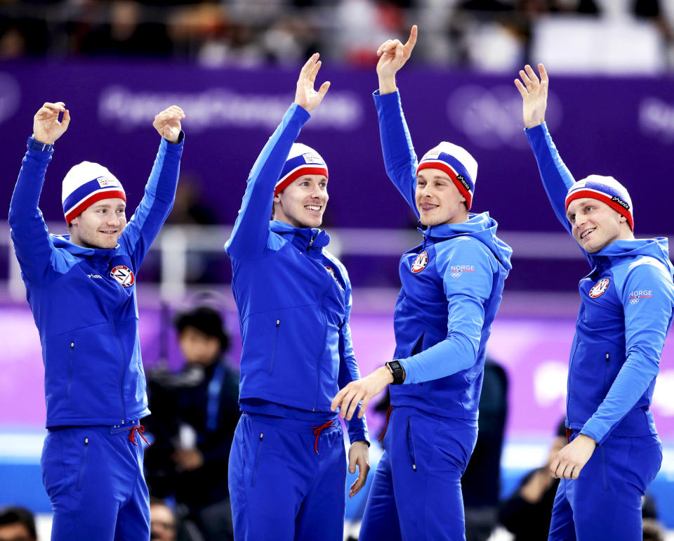 <p>Gold medalist team Norway celebrates on the podium after the Men’s Team Pursuit Final Speed Skating race at the 2018 Winter Olympics in PyeongChang, South Korea, on Wednesday, Feb. 21, 2018.<br> (AP Photo/Petr David Josek) </p>