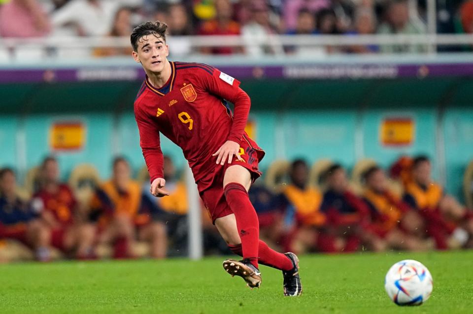 Spain's Gavi scores his side's fifth goal during the World Cup group E football match between Spain and Costa Rica, at the Al Thumama Stadium in Doha, Qatar, Wednesday, Nov. 23, 2022. (AP Photo/Pavel Golovkin)