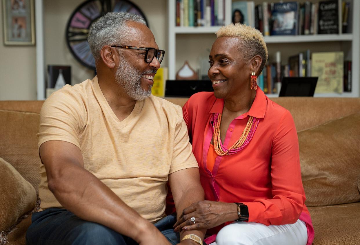 Eric Hayes (left) lost his mother and a sister to breast cancer, and three other sisters and his wife, Lisa (right), were diagnosed and overcame the disease. So for Eric, donating healthy breast tissue to Indiana University’s Susan G. Komen Tissue Bank for research was an easy decision. Eric and Lisa pose for a picture Tuesday, June 6, 2023, at their Indianapolis home.