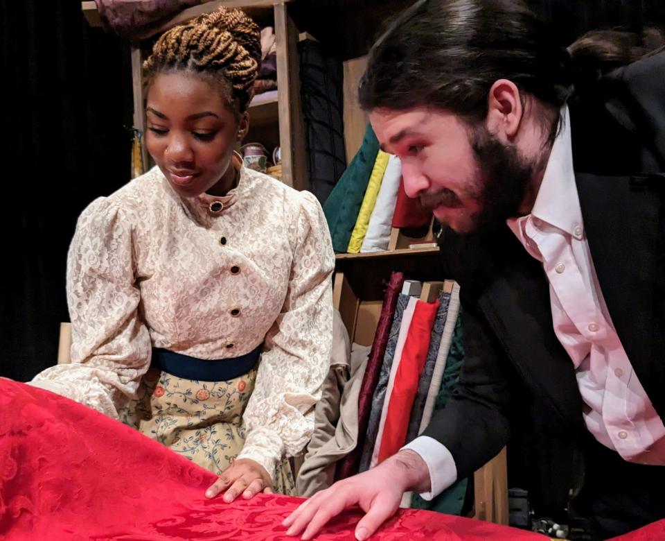 Latifat Sulaimon (as Esther), left, and Jacob Erney (as Mr. Marks) in Gallery Players’ production of “Intimate Apparel”