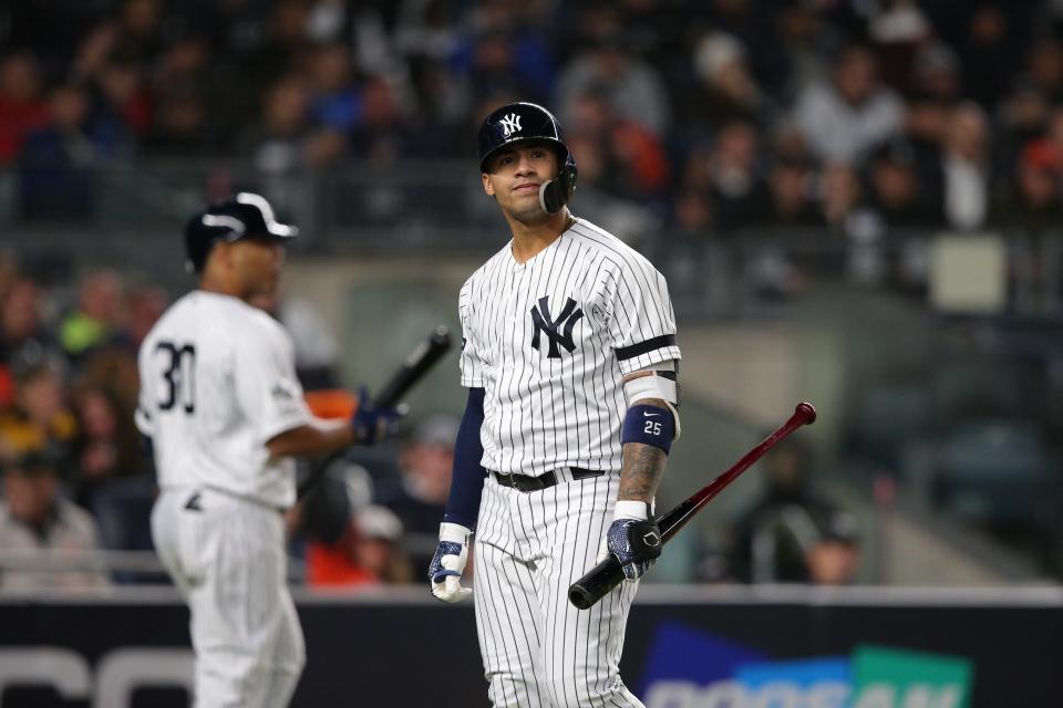Oct 17, 2019; Bronx, NY, USA; New York Yankees second baseman Gleyber Torres (25) reacts after a call against th Houston Astros in game four of the 2019 ALCS playoff baseball series at Yankee Stadium. Mandatory Credit: Brad Penner-USA TODAY Sports