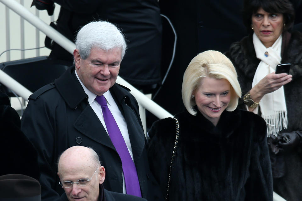 Former House Speaker Newt Gingrich and wife Callista Gingrich arrive during the presidential inauguration on the West Front of the U.S. Capitol January 21, 2013 in Washington, DC. Barack Obama was re-elected for a second term as President of the United States. (Photo by John Moore/Getty Images)