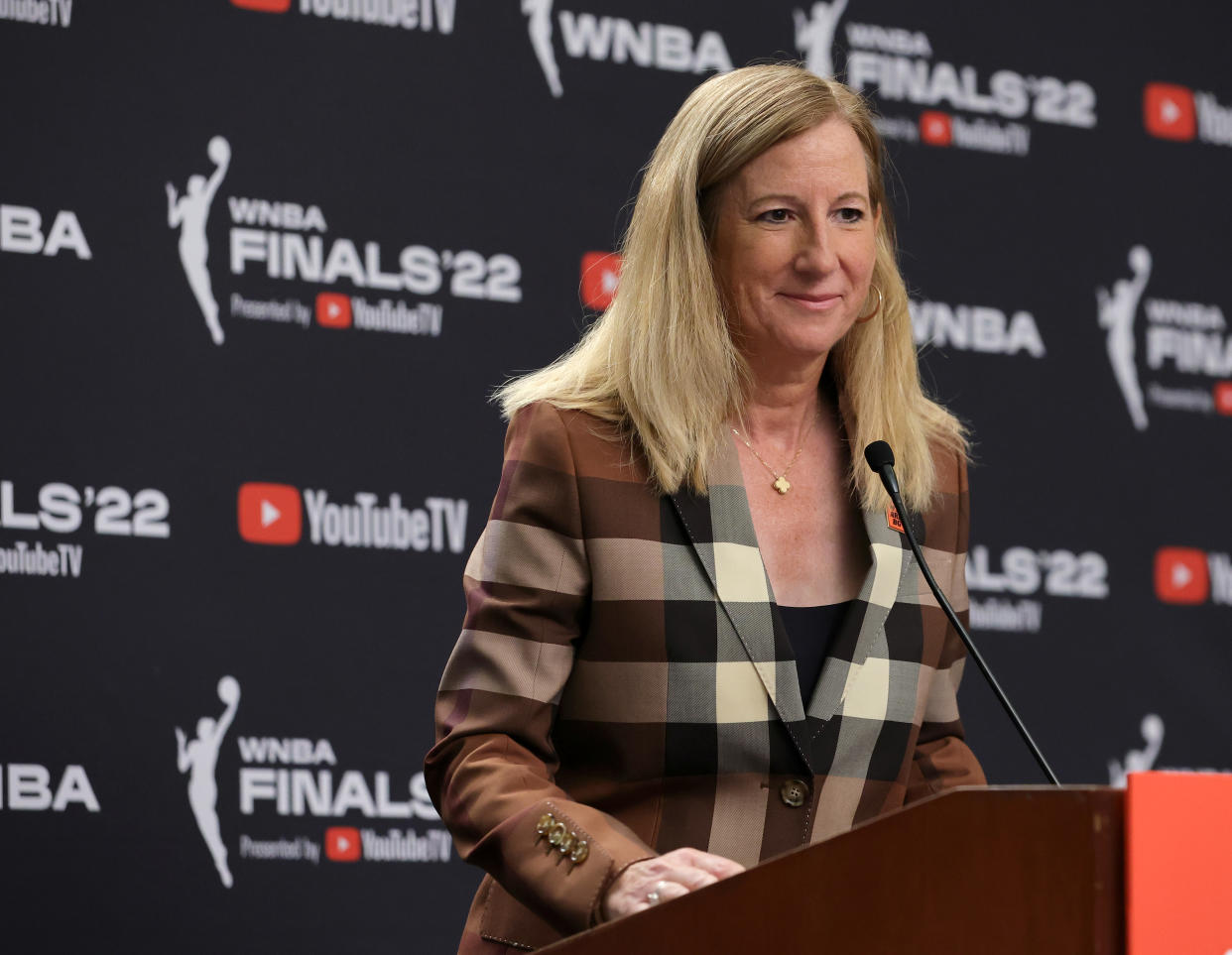 WNBA Commissioner Cathy Engelbert announced league approval for full-time charter flights starting this season. (Ethan Miller/Getty Images)