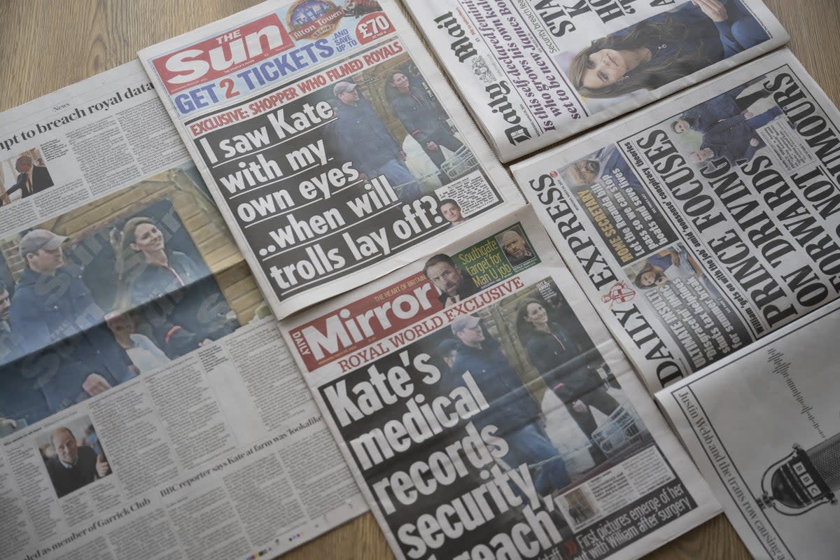 A view of the newspaper headlines that published photographs of Princess Kate during her visit to a farm shop on Saturday (Anadolu via Getty Images)