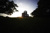 The Atomic Bomb Dome is seen at dusk in Hiroshima, western Japan, Sunday, Aug. 2, 2020. The city of Hiroshima on Thursday, Aug. 6 marks the 75th anniversary of the world’s first nuclear attack. (AP Photo/Eugene Hoshiko)