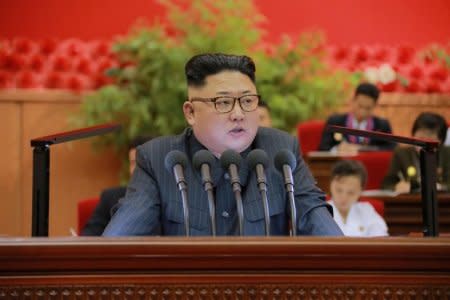 North Korean leader Kim Jong Un gives a speech at the 9th Congress of the Kim Il Sung Socialist Youth League in this undated photo released by North Korea's Korean Central News Agency (KCNA) in Pyongyang on August 29, 2016. KCNA/ via REUTERS