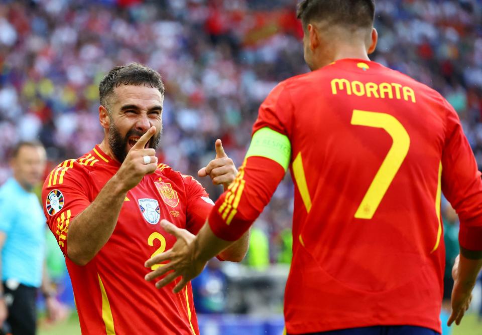 Spain's Dani Carvajal celebrates a goal against Croatia.