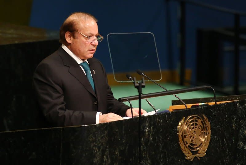 Former Pakistani Prime Minister Nawaz Sharif on Friday declared victory for a fourth term. Critics say the announcement is premature. File Photo by Monika Graff/UPI