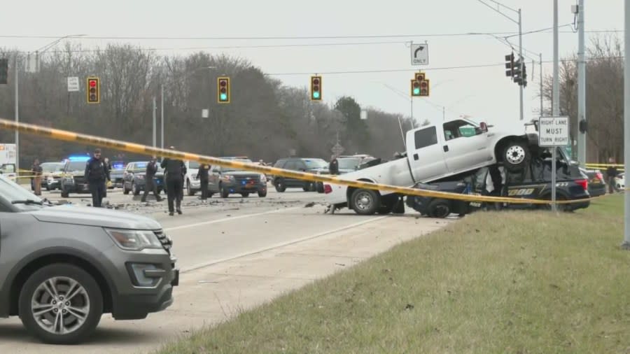 A crash between a pickup truck and a police cruiser has shut down U.S. 35 west of Dayton, Ohio, Jan. 8, 2024. (Courtesy/WDTN)