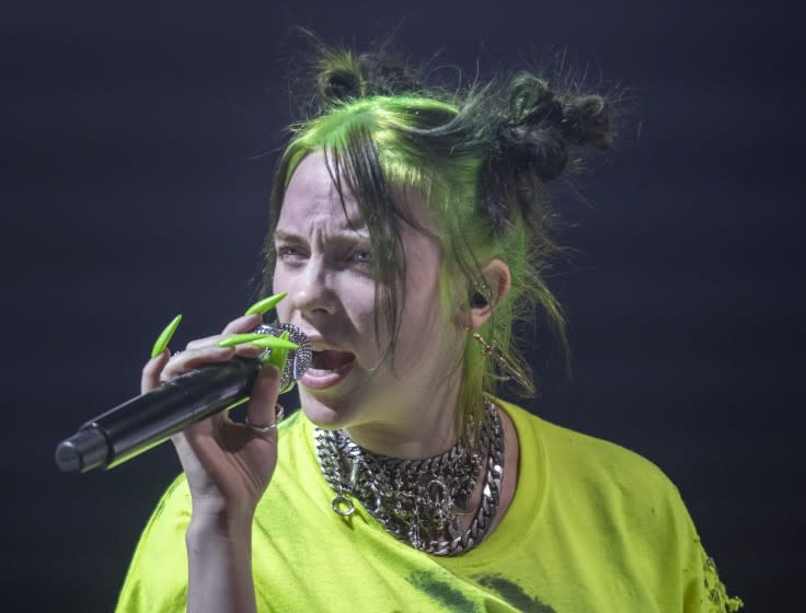 LOS ANGELES, CALIF. -- TUESDAY, JULY 9, 2019: Billie Eilish performs at the Shrine Auditorium in Los Angeles, Calif., on July 9, 2019. (Allen J. Schaben / Los Angeles Times)