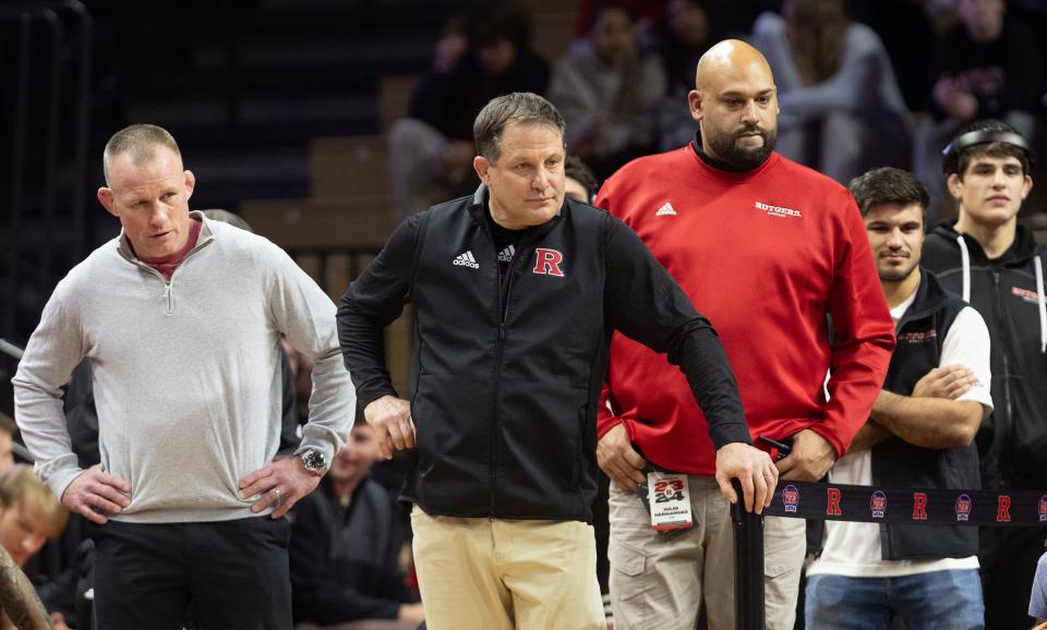 Rutgers University head wrestling coach Scott Goodale is shown during the Scarlet Knights' match against Indiana on Jan. 12.