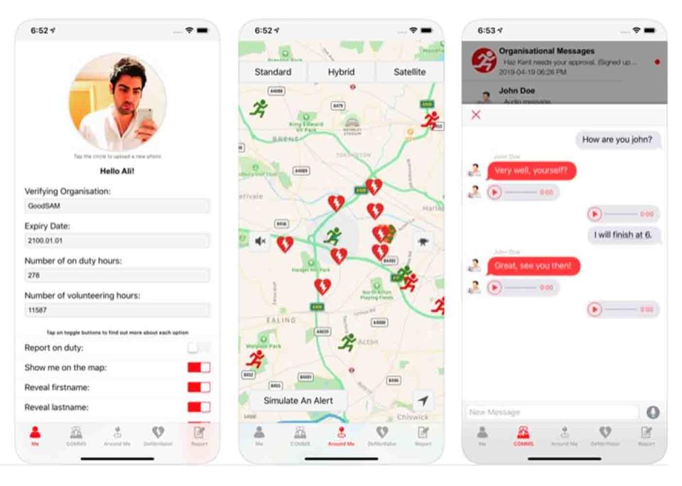 An example of the GoodSAM mobile app which connects CPR-trained people to those who have suffered a cardiac arrest in their area.