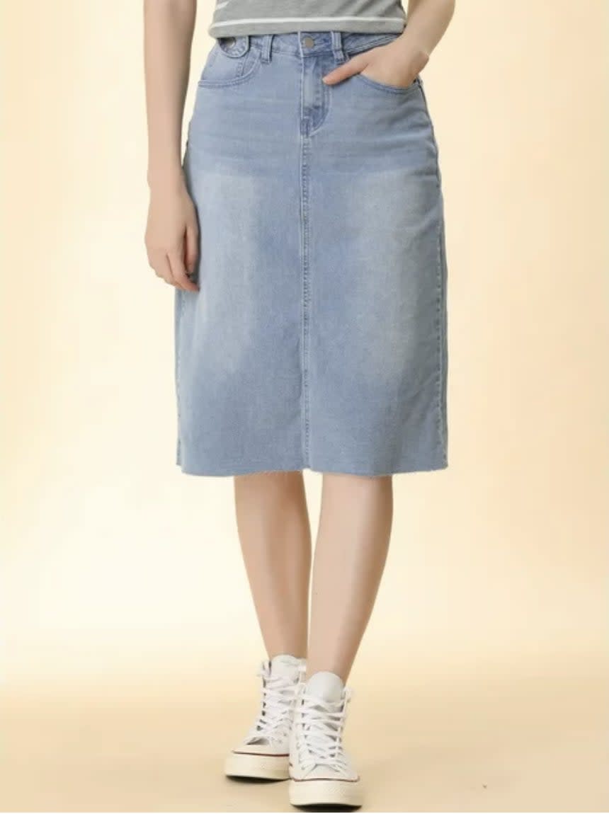 A denim midi skirt