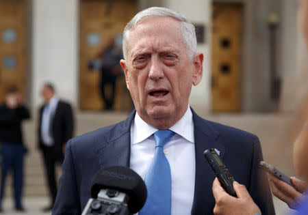 Secretary of Defense Jim Mattis speaks with the media before an enhanced honor cordon arrival of Greek Minister of Defense Panagiotis Kammenos at the Pentagon in Washington, U.S., October 9, 2018. REUTERS/Joshua Roberts