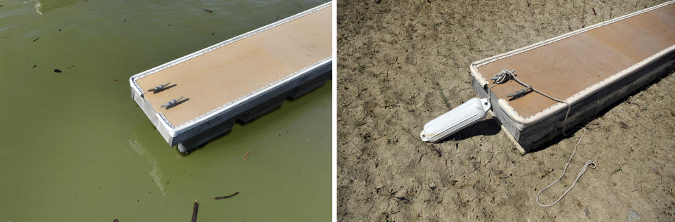 A dock floats in the Browns Ravine Cove area of Folsom Lake, March 26, 2023, left, and the same location on dry land on May 22, 2021, in Folsom, Calif. (AP Photo/Josh Edelson)