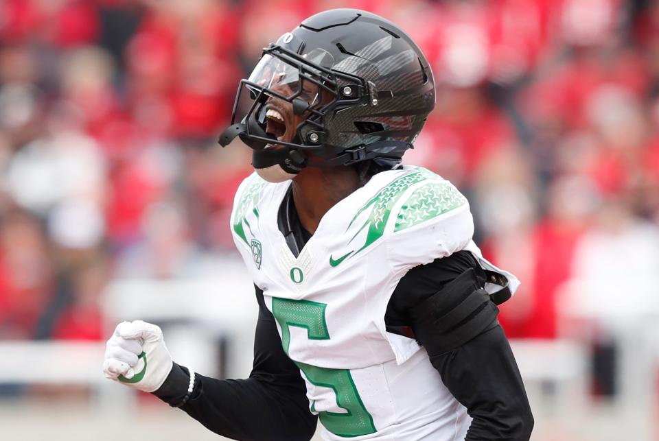 Khyree Jackson of Oregon reacts after making a stop against Utah. [Chris Gardner/Getty Images]