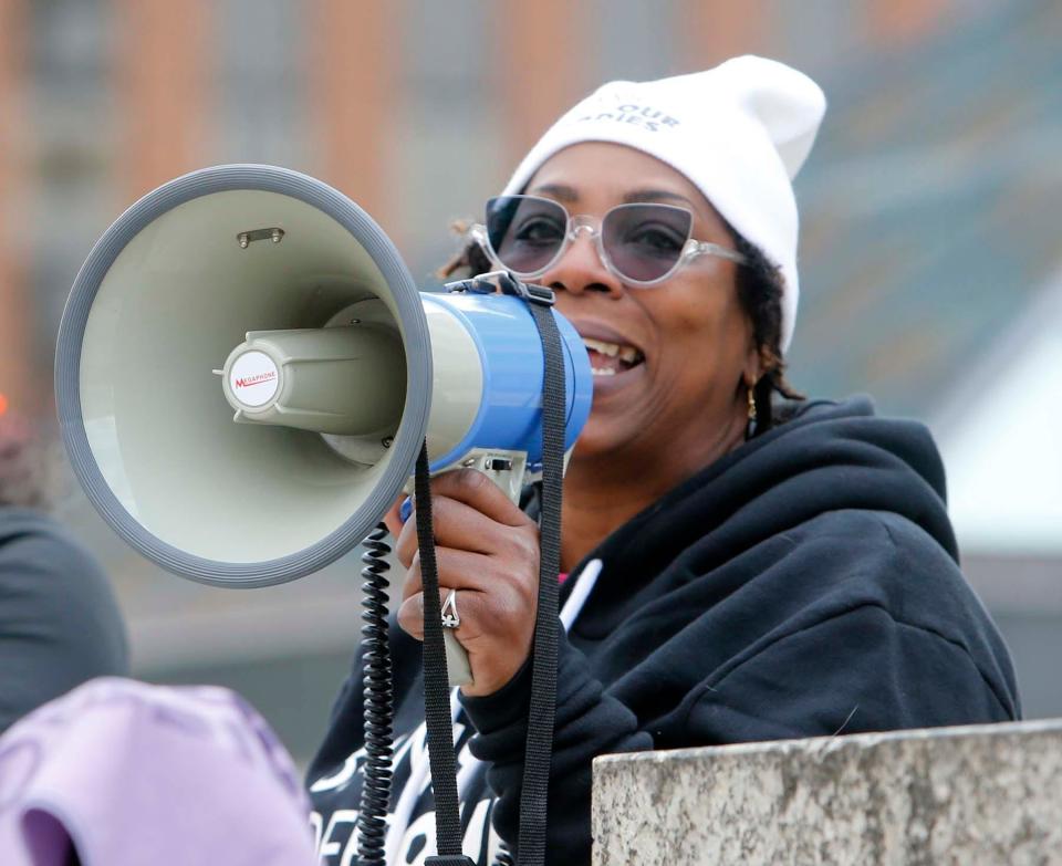 Traci Person, senior regional field manager for Black organizing at Planned Parenthood of Greater Ohio, speaks during an abortion rights rally Tuesday in front of the Federal Building in downtown Akron.