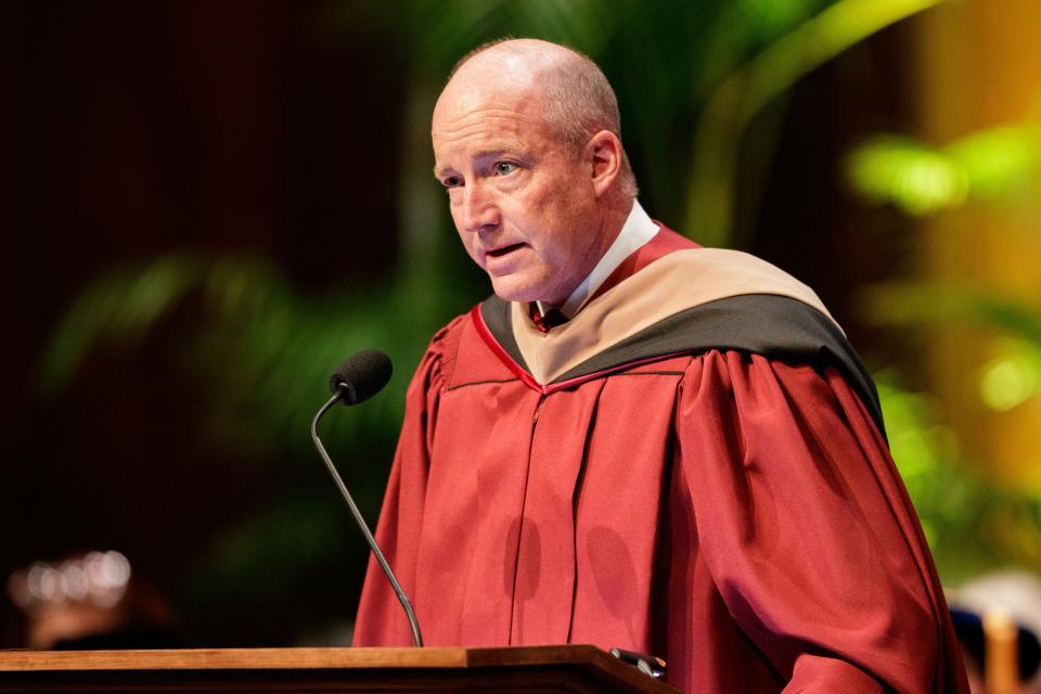 Florida State University Board of Trustees Chairman Peter Collins speaks during the inauguration ceremony for Florida State University's 16th President Richard D. McCullough on Friday, Feb. 25, 2022.