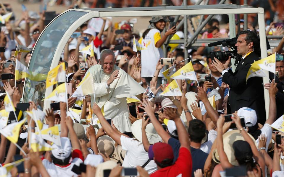 Pope Francis arrives to celebrate Mass at the Las Palmas Air Force base in Lima, Peru - AP