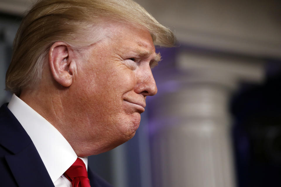 President Donald Trump speaks about the coronavirus in the James Brady Press Briefing Room of the White House, Wednesday, April 8, 2020, in Washington. (AP Photo/Alex Brandon)