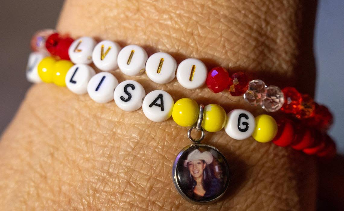 Mike Galvan wears a bracelet that honors Lisa Lopez-Galvan, his wife of 22 years. She died at 43 from errant gunfire at the Kansas City Chiefs Super Bowl rally at Union Station. Tammy Ljungblad/tljungblad@kcstar.com