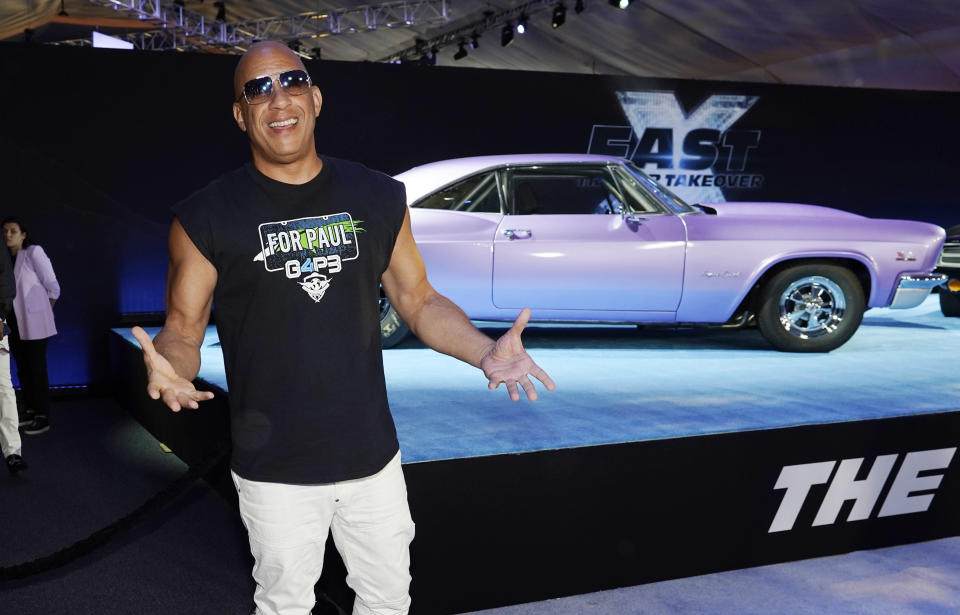 Vin Diesel, a cast member in the upcoming film "Fast X," poses at the trailer launch for the film, Thursday, Feb. 9, 2023, at L.A. Live in Los Angeles. (AP Photo/Chris Pizzello)