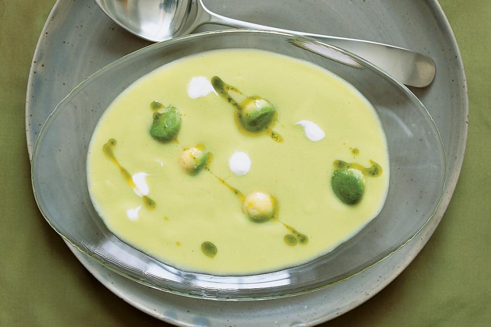 Charred corn is blended with garlic, onions, serrano chiles, and avocado in this excellent cold soup. A garnish of Mexican crema and creamy chunks of avocado add tang and texture. Serve with <a href="https://www.epicurious.com/expert-advice/how-to-make-flour-tortillas-homemade-danny-mena-article?mbid=synd_yahoo_rss" rel="nofollow noopener" target="_blank" data-ylk="slk:fresh tortillas;elm:context_link;itc:0;sec:content-canvas" class="link ">fresh tortillas</a> if you want to make it an extra-special meal. <a href="https://www.epicurious.com/recipes/food/views/cold-avocado-corn-soup-with-cilantro-oil-231993?mbid=synd_yahoo_rss" rel="nofollow noopener" target="_blank" data-ylk="slk:See recipe.;elm:context_link;itc:0;sec:content-canvas" class="link ">See recipe.</a>