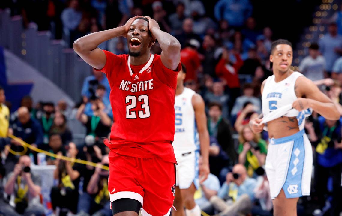 N.C. State’s Mohamed Diarra (23) celebrates as time runs out in the game during N.C. State’s 84-76 victory over UNC in the championship game of the 2024 ACC Men’s Basketball Tournament at Capital One Arena in Washington, D.C., Saturday, March 16, 2024.