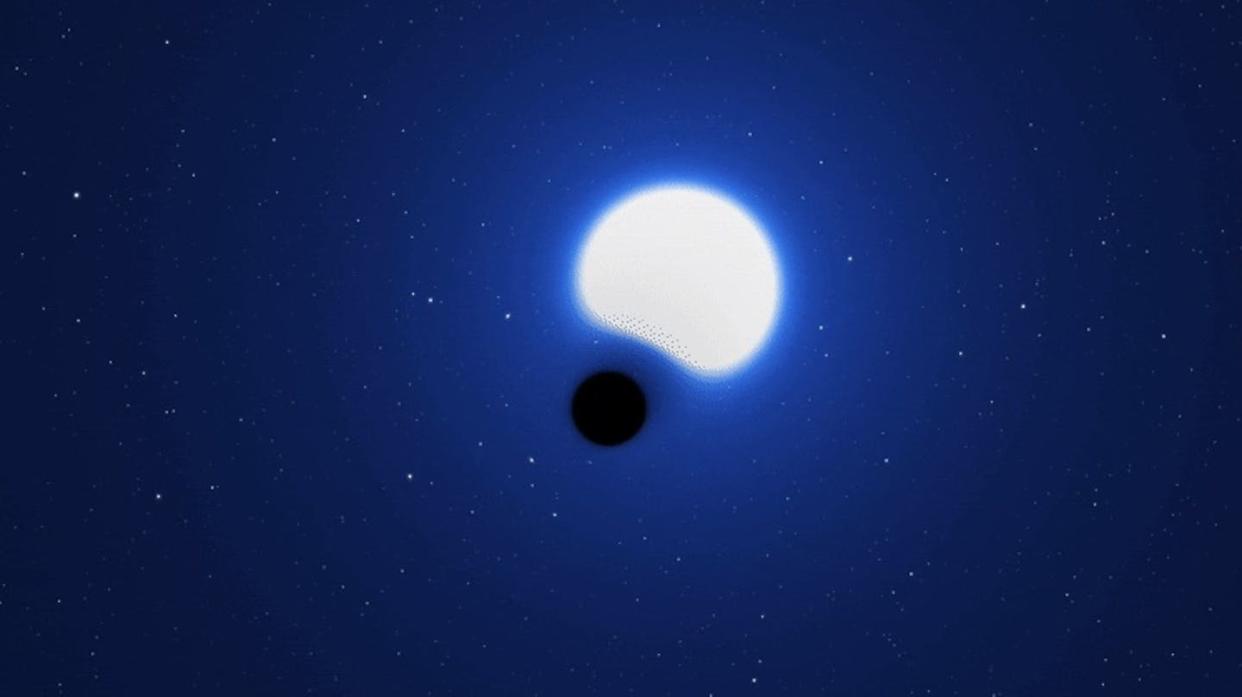 VFTS 243 is a binary system of a large, hot blue star and a black hole orbiting each other, as seen in this animation. <a href="https://www.eso.org/public/videos/eso2210b/" rel="nofollow noopener" target="_blank" data-ylk="slk:ESO/L.Calçada;elm:context_link;itc:0;sec:content-canvas" class="link ">ESO/L.Calçada</a>, <a href="http://creativecommons.org/licenses/by/4.0/" rel="nofollow noopener" target="_blank" data-ylk="slk:CC BY;elm:context_link;itc:0;sec:content-canvas" class="link ">CC BY</a>