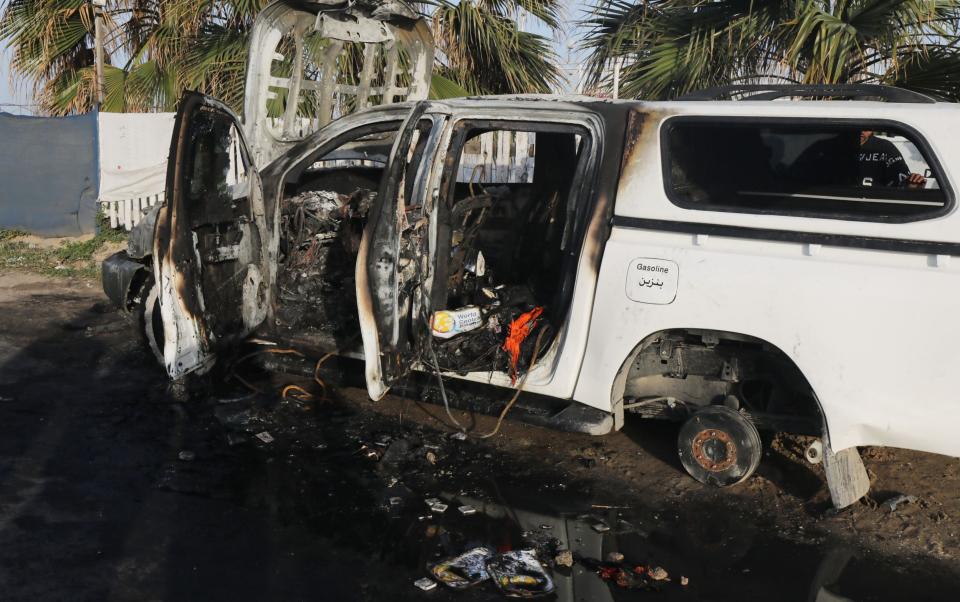 The wreckage of one of the vehicles in the World Central Kitchen convoy