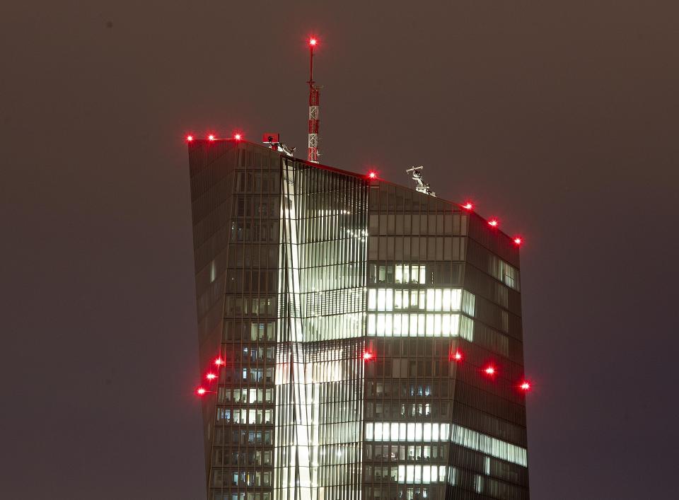 Red lights are seen at the European Central Bank in Frankfurt, Germany, Tuesday, Sept. 17, 2019. (AP Photo/Michael Probst)