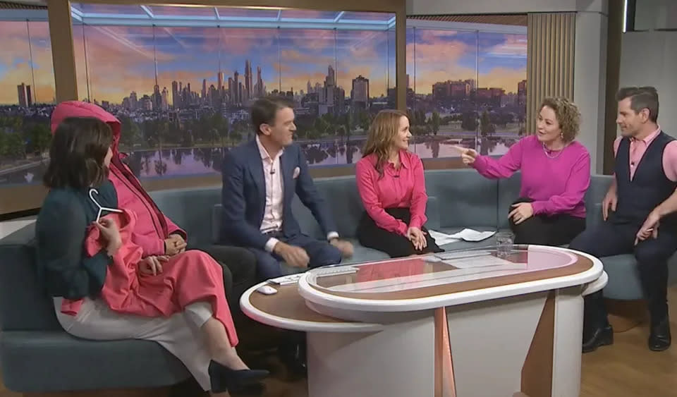 ABC News Breakfast hosts all wearing pink on-air. 