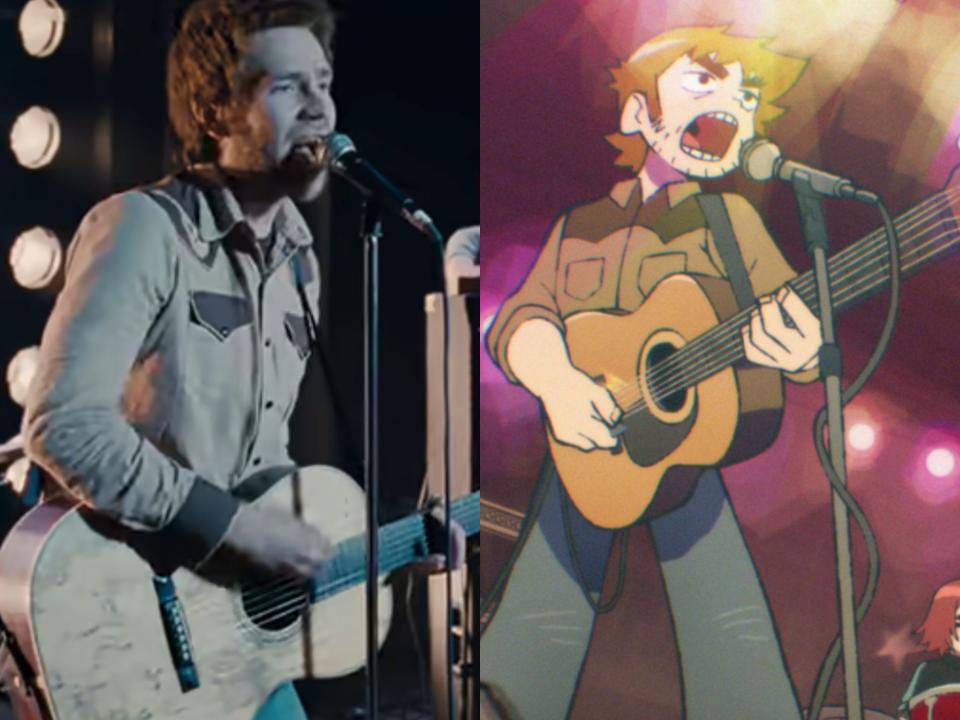 left: mark webber as stephen stills, standing in a beige collard shirt with dark brown pockets, holding a beat up acoustic guitar, and singing passionately into a microphone; right: stephen stills in the anime, holding a similar pose and wearing similar clothes