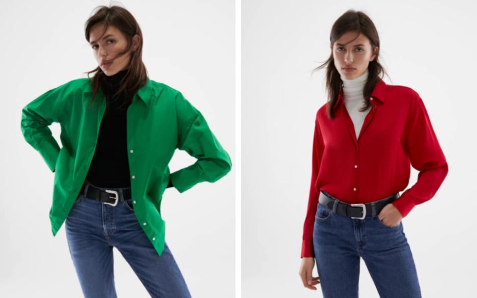 Green shirt, £19.99, Zara; Red satin shirt, £19.99, Zara