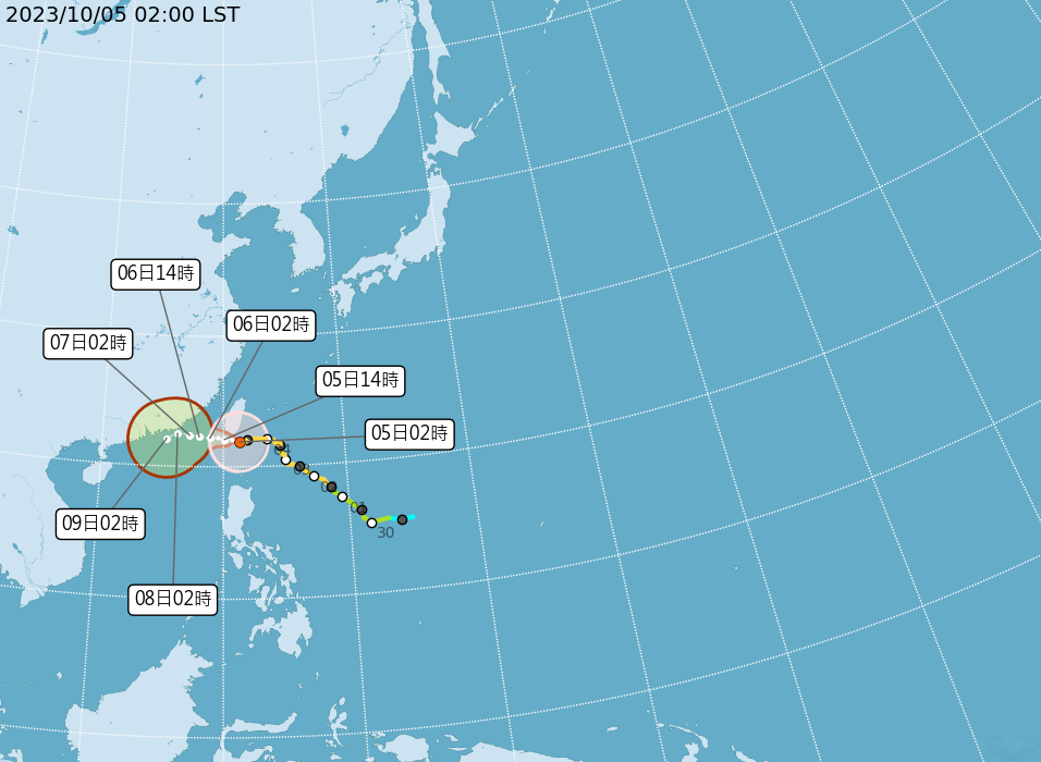 小犬颱風10/5路徑預測。中央氣象署提供