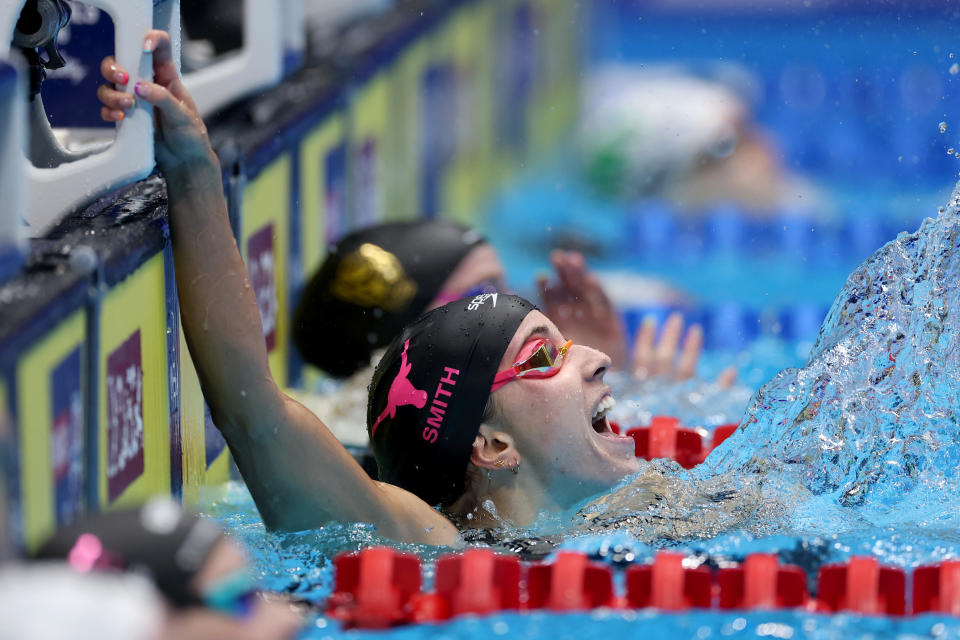 INDIANAPOLIS, INDIANA - JUNE 18: Regan Smith of the United States reacts after setting the world record in the Women's 100m backstroke final on Day Four of the 2024 U.S. Olympic Team Swimming Trials at Lucas Oil Stadium on June 18, 2024 in Indianapolis, Indiana. (Photo by Al Bello/Getty Images)