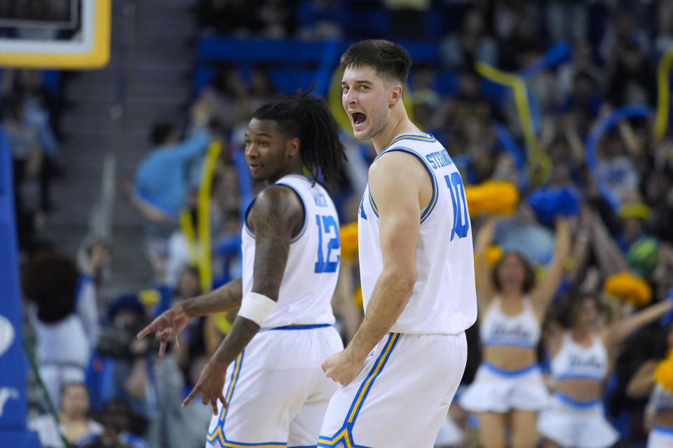 UCLA guard Lazar Stefanovic (10) celebrates his basket against Arizona State during the second half of an NCAA college basketball game in Los Angeles, Saturday, March 9, 2024. UCLA won 59-47. (AP Photo/Jae C. Hong)