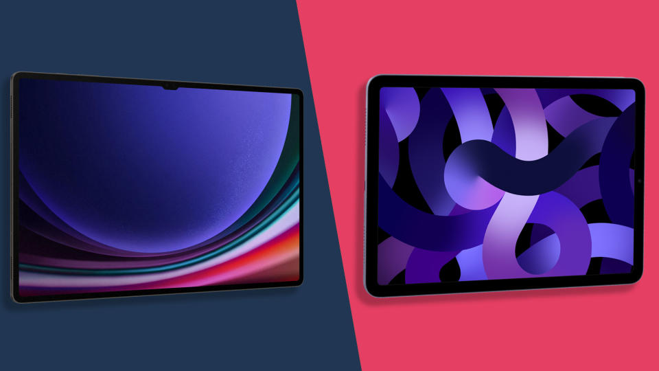 The Galaxy Tab on the left and iPad Air on the right, we see both of their displays and both have colorful images on them