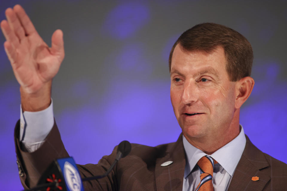 Clemson head coach Dabo Swinney answers a question during an NCAA college football news conference at the Atlantic Coast Conference media days in Charlotte, N.C., Thursday, July 22, 2021. (AP Photo/Nell Redmond)