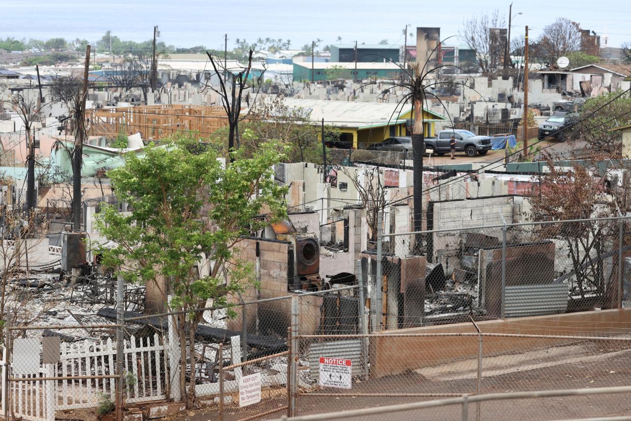 A view of the destroyed homes and business from the Hawaii wildfires appears Friday, Sept. 1, 2023, in Lahaina, Hawaii. (AP Photo/Marco Garcia) ORG XMIT: himg202