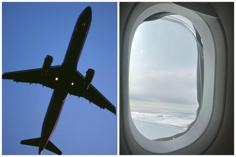 An Airbus A321, left, and a view of the damaged left-side cabin window, right, in a composite image.