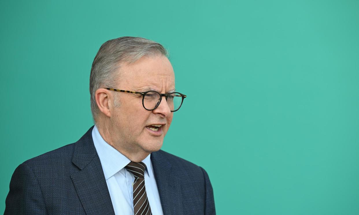 <span>Anthony Albanese, speaking to reporters in Nowra on Sunday, claimed that ‘people are seeing through the Greens, where they offer nothing positive’.</span><span>Photograph: Dean Lewins/AAP</span>