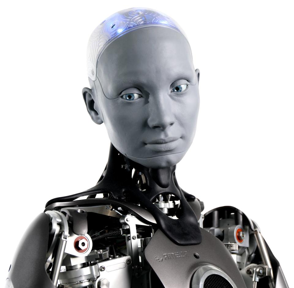 Ameca, a humanoid robot, photographed looking to the side