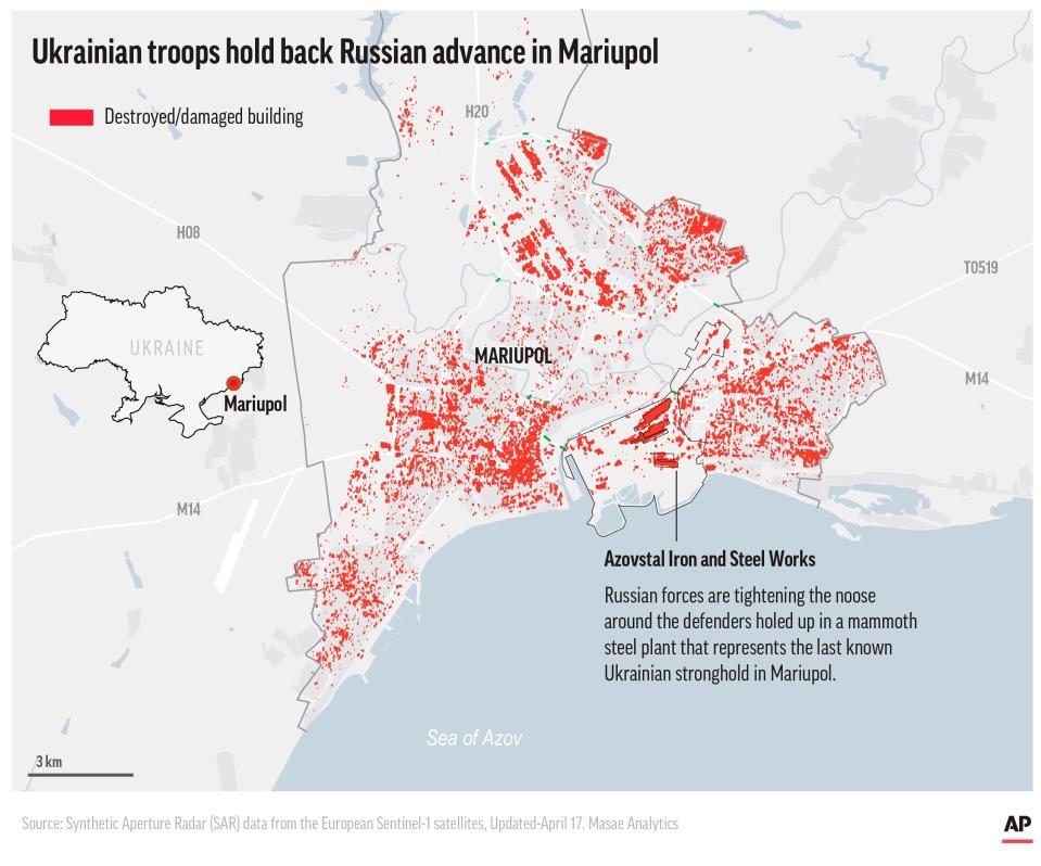 A map from April 2022 shows damage in Mariupol.