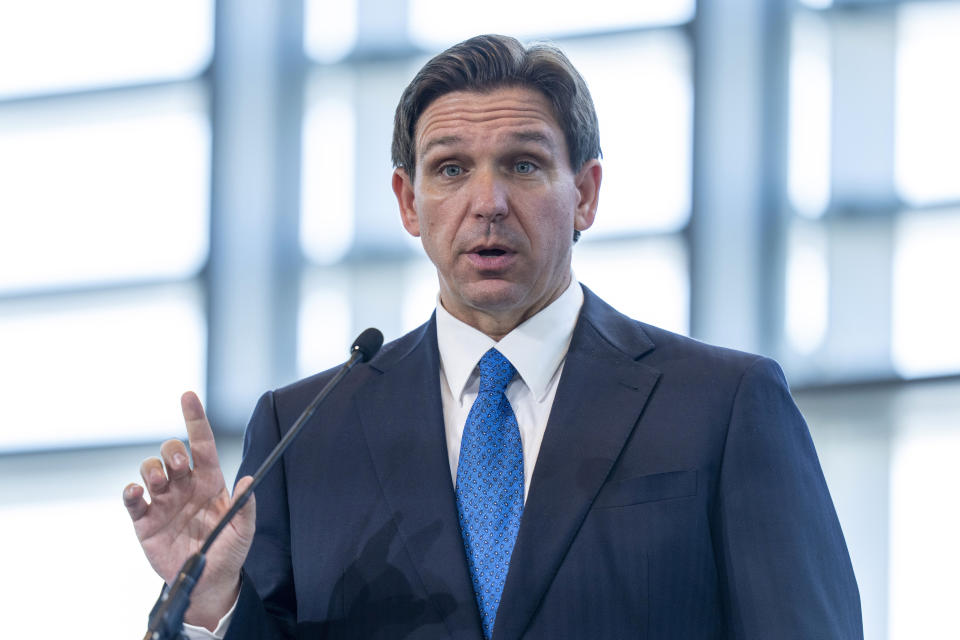 Florida Gov. Ron DeSantis speaks at the Heritage Foundation 50th Anniversary Celebration leadership summit, Friday, April 21, 2023, in Oxon Hill, Md. (AP Photo/Alex Brandon)