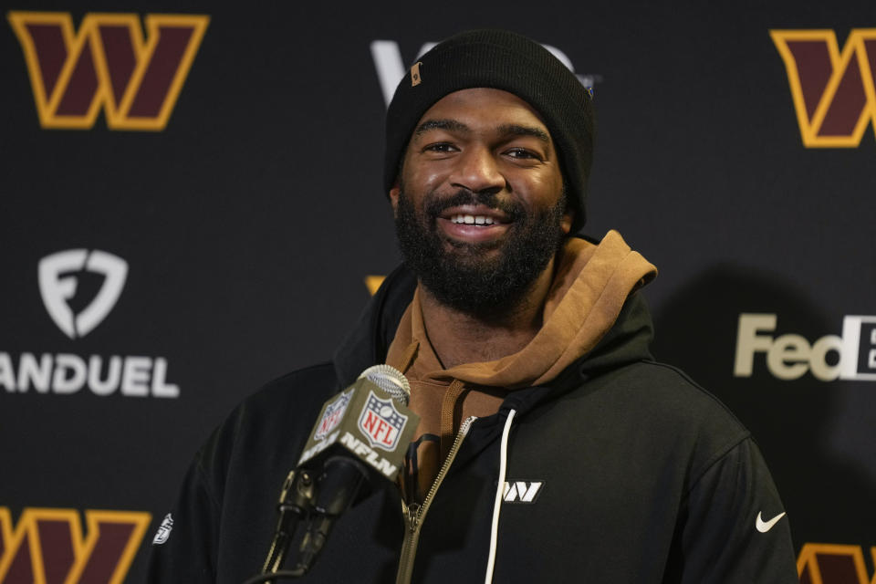 Washington Commanders quarterback Jacoby Brissett answers questions during a news conference after playing New York Jets in an NFL football game, Sunday, Dec. 24, 2023, in East Rutherford, N.J. (AP Photo/Seth Wenig)