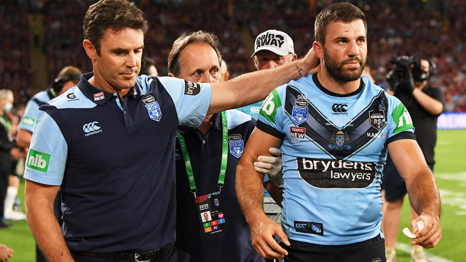 James Tedesco, pictured here after being heavily concussed in the State of Origin decider.