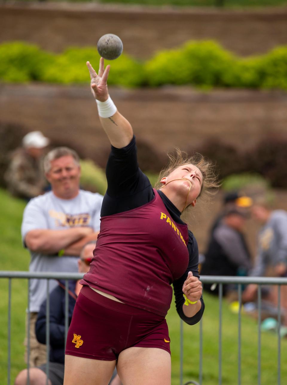 Jadan Brumbaugh of  Mount Pleasant competes in the 3A girls shot during the 2022 Iowa high school track and field state championships at Drake Stadium in Des Moines Friday, May 20, 2022.